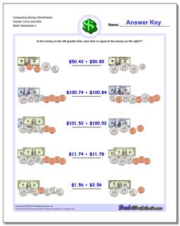 Comparing Money Worksheet Harder Coins and Bills
